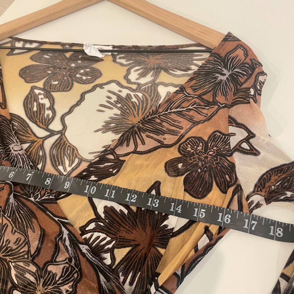 Cache Vintage Y2K Sheer Mesh Floral Wrap Top Long Sleeve Brown Tan V-Neck Large - Picture 6 of 9
